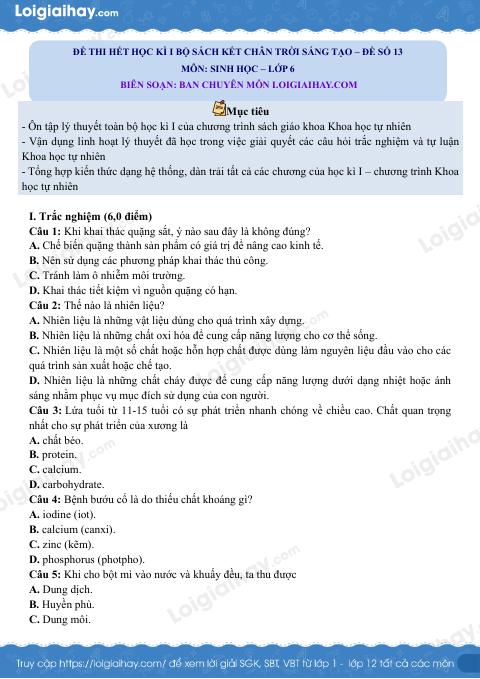 Đề thi học kì 1 KHTN 6 Chân trời sáng tạo - Đề số 13